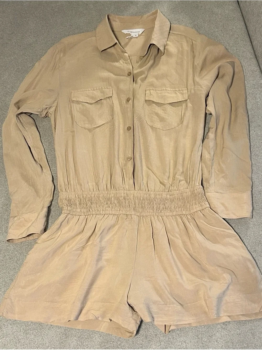 BCBGeneration Beige and Black Trim Long Sleeve Romper
